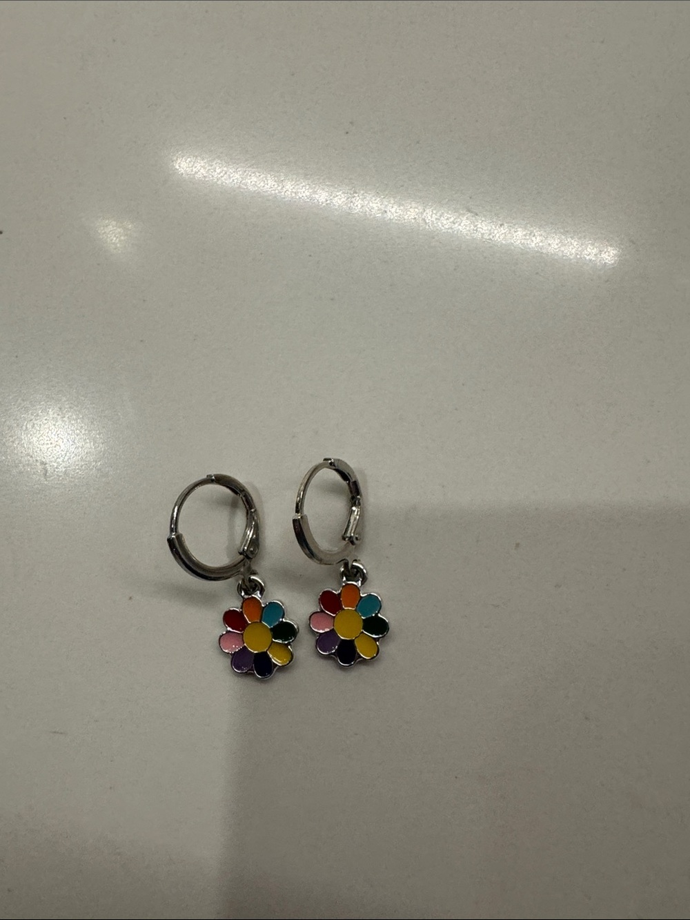 Silver Hoop Earrings with Multicolor Flower Charms